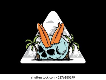 Colorful illustration design of a surfing board stuck in human skull between coconut trees