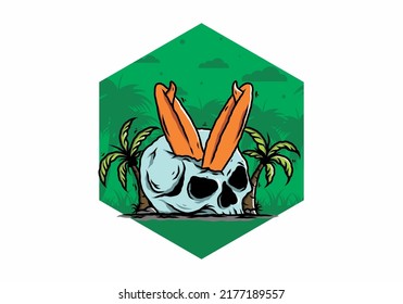 Colorful illustration design of a surfing board stuck in human skull between coconut trees