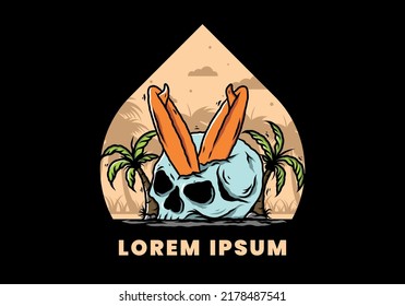 Colorful illustration design of a surfing board stuck in human skull between coconut trees