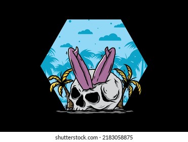 Colorful illustration design of a surfing board stuck in human skull between coconut trees