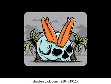 Colorful illustration design of a surfing board stuck in human skull between coconut trees