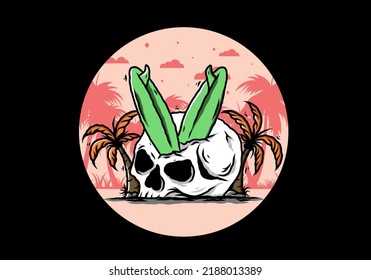 Colorful illustration design of a surfing board stuck in human skull between coconut trees