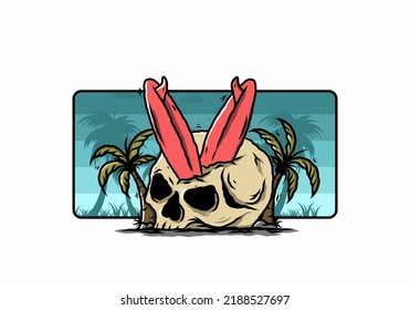 Colorful illustration design of a surfing board stuck in human skull between coconut trees