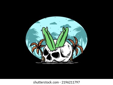 Colorful illustration design of a surfing board stuck in human skull between coconut trees