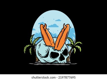 Colorful illustration design of a surfing board stuck in human skull between coconut trees