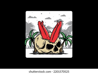 Colorful illustration design of a surfing board stuck in human skull between coconut trees