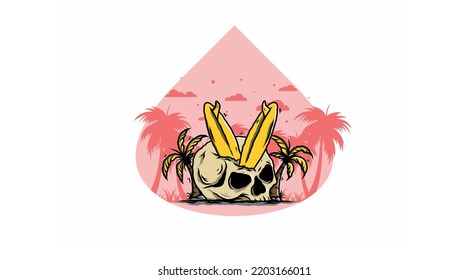 Colorful illustration design of a surfing board stuck in human skull between coconut trees