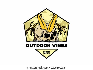 Colorful illustration design of a surfing board stuck in human skull between coconut trees