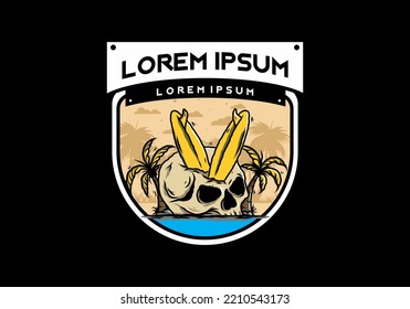Colorful illustration design of a surfing board stuck in human skull between coconut trees