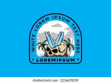Colorful illustration design of a surfing board stuck in human skull between coconut trees