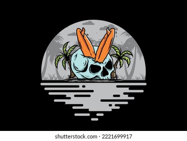 Colorful illustration design of a surfing board stuck in human skull between coconut trees