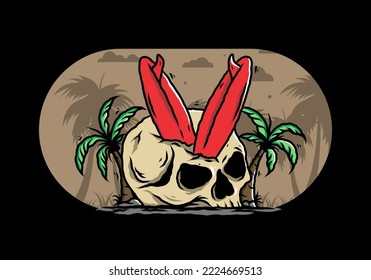 Colorful illustration design of a surfing board stuck in human skull between coconut trees