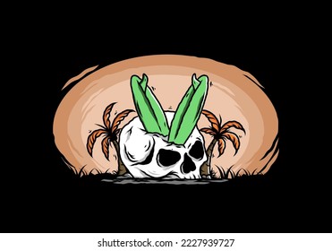 Colorful illustration design of a surfing board stuck in human skull between coconut trees