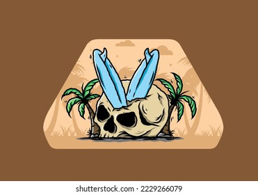 Colorful illustration design of a surfing board stuck in human skull between coconut trees