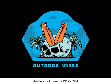 Colorful illustration design of a surfing board stuck in human skull between coconut trees