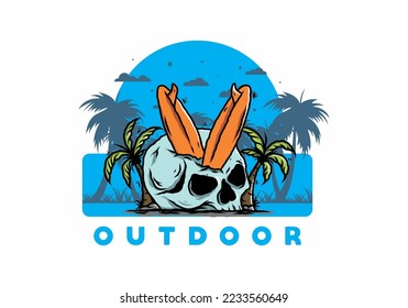 Colorful illustration design of a surfing board stuck in human skull between coconut trees