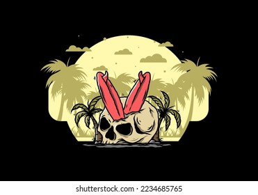 Colorful illustration design of a surfing board stuck in human skull between coconut trees