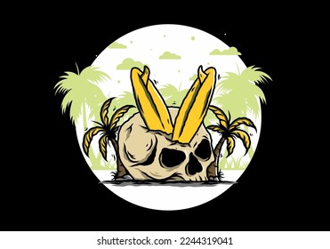 Colorful illustration design of a surfing board stuck in human skull between coconut trees