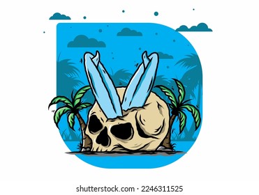 Colorful illustration design of a surfing board stuck in human skull between coconut trees