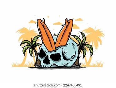 Colorful illustration design of a surfing board stuck in human skull between coconut trees