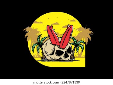 Colorful illustration design of a surfing board stuck in human skull between coconut trees