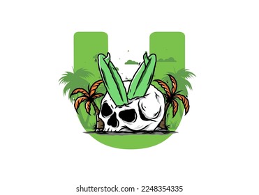 Colorful illustration design of a surfing board stuck in human skull between coconut trees