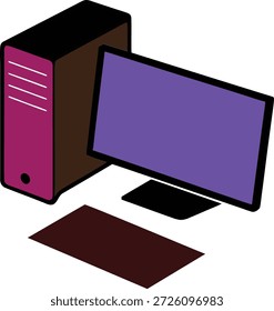 Una ilustración colorida de un sistema informático de escritorio con un monitor de pantalla púrpura y una torre de CPU marrón