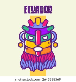Colorful illustration of Diablo Huma or Aya Uma, Andean figure from Inti Raymi, with “Ecuador” text.