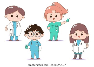 A colorful illustration of a diverse cartoon medical team with four members, each displaying a friendly demeanor. vector illustration.