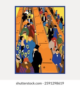 Colorful illustration of diverse people on escalators. Men and women in vibrant clothing. Busy scene with varied outfits and hats. Dynamic and lively crowd. Vintage illustration isolated, vector.