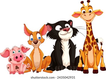 Colorful illustration of diverse smiling cartoon animals