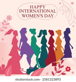 A colorful illustration of diverse women walking together, celebrating International Women's Day with floral designs and a festive message.