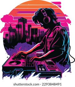 A colorful illustration of a dj with a city in the background.