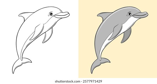 Colorful illustration of a dolphin in two styles, outlined and fully colored, against a neutral background.