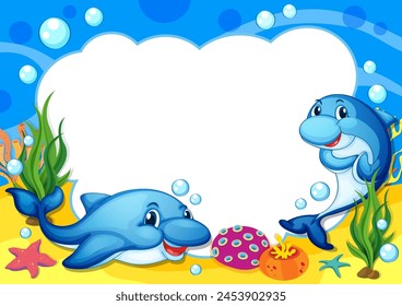 Colorful illustration of dolphins playing underwater.