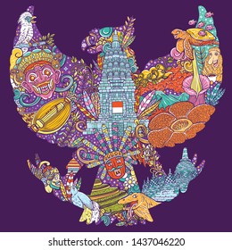 colorful illustration doodle of indonesia with garuda pancasila shape
