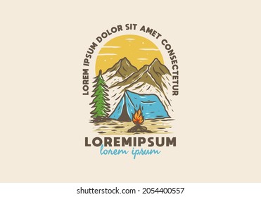 Colorful illustration drawing of camping tent and bonfire design