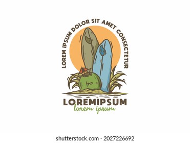 Colorful illustration drawing of surfing board and coconut design