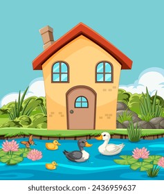 Colorful illustration of ducks near a cozy home