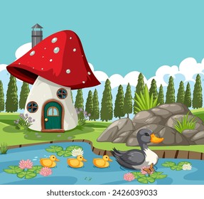 Colorful illustration of ducks near a mushroom house