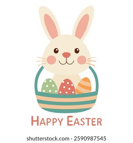 Colorful illustration Easter bunny in a basket with Easter eggs and with text  Happy Easter. Greeting card Happy Easter   for decorative,banner, poster,card.Vector illustration on white background 