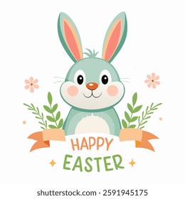 Colorful illustration Easter bunny with text Happy Easter.Greeting card Happy Easter for decorative, banner, poster,card. Vector illustration on white background 