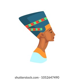 Colorful illustration of Egyptian queen. Statue of Nefertiti. Travel to Egypt. Graphic element for promo poster or banner of travel agency. Flat vector design