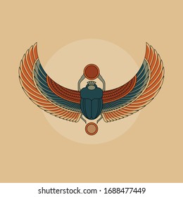 Colorful illustration of the Egyptian scarab beetle, personifying the god Hepri. Symbol of the ancient Egyptians. 