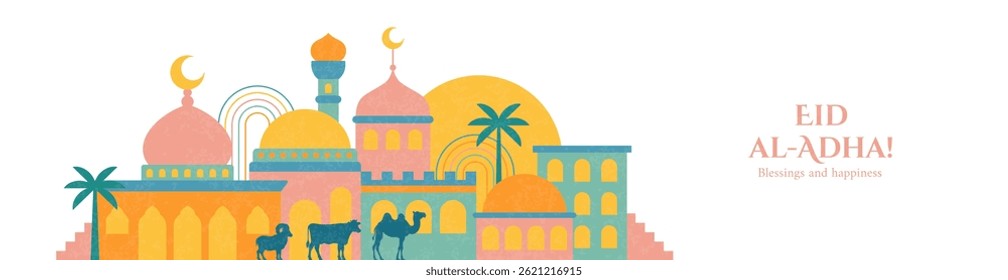 Colorful illustration of Eid al-Adha celebration with mosques, crescent moons, animals, and palm trees. Festive Islamic cityscape with holiday blessings message.