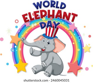 Colorful illustration of elephant celebrating with rainbow.