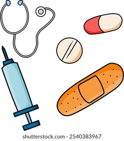 Uma ilustração colorida de itens médicos essenciais: um estetoscópio, seringas, várias pílulas e uma bandagem. Perfeito para temas de saúde e fins educacionais.