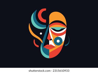 A colorful illustration of a face, with abstract shapes and colors, abstract face illustration, use of negative space, minimalist face vector art, minimalist human face logo, illustration