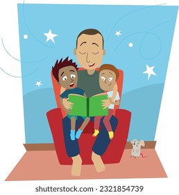 A colorful illustration of a father reading to his children in an armchair
