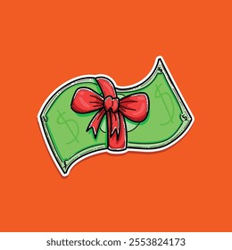 A colorful illustration features a green dollar bill adorned with a vibrant red gift bow. Set against a striking orange background, it symbolizes financial gifts and festive occasions.